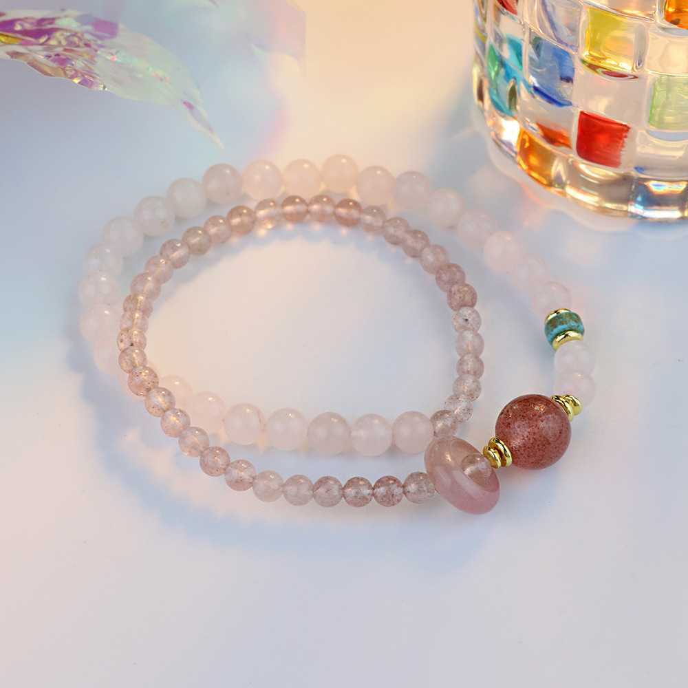 Putuoshan con flores de melocotón pulsera de cristal de fresa natural polvo de cristal de mujer transferencia de perlas nicho delicada pulsera de doble anillo