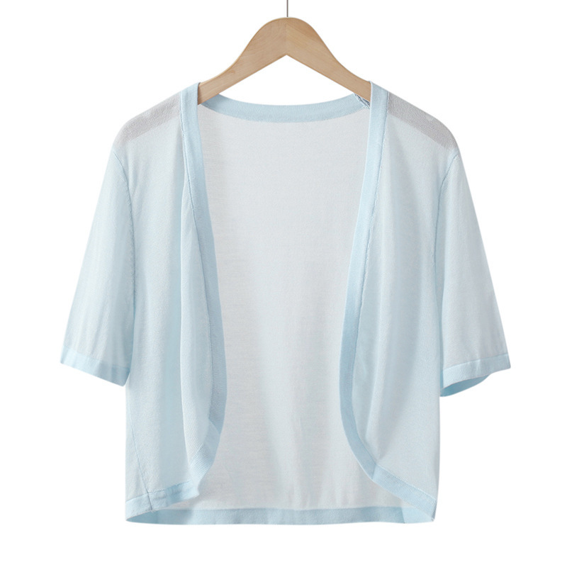 Short-Sleeved Sun Protection Cardigan for Women, Summer Thin Ice Silk Knitted Outer Top, Loose Slimming Short Shawl Air-Conditioning Shirt