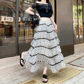 定制重工拼接植绒波点网纱蛋糕半身裙女新款气质显瘦中长裙