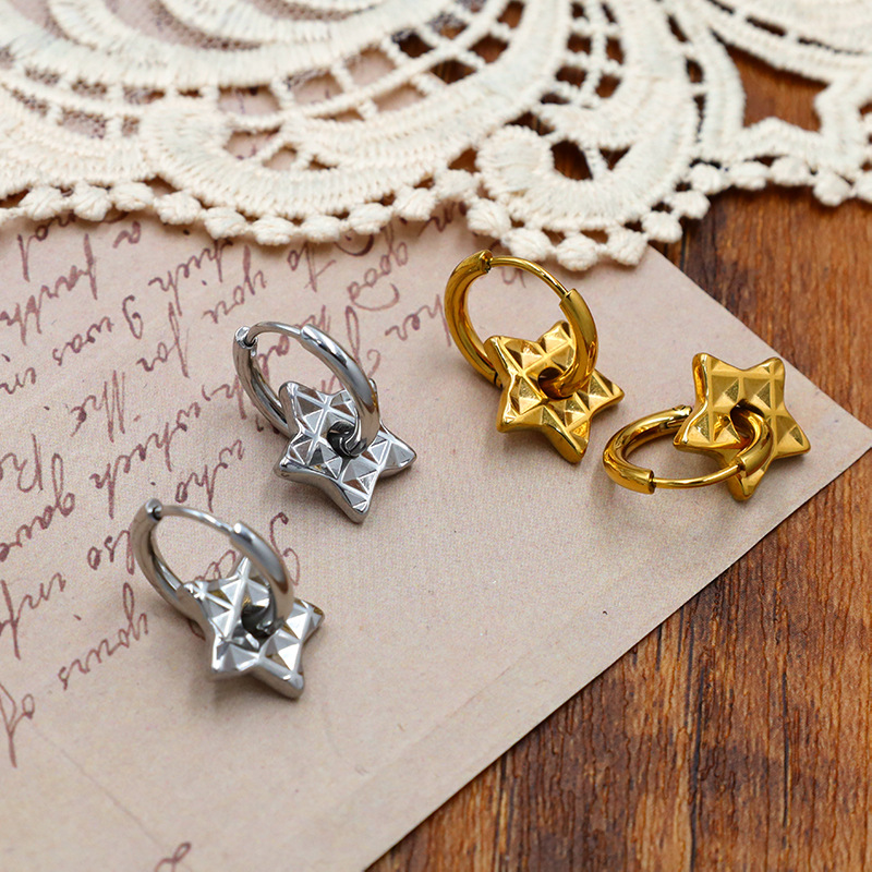 Texture Pentagram Stainless Steel Pendant Earrings