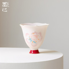墨己玉泥花口小高足手绘主人杯家用功夫茶具陶瓷茶杯粉色品茗杯