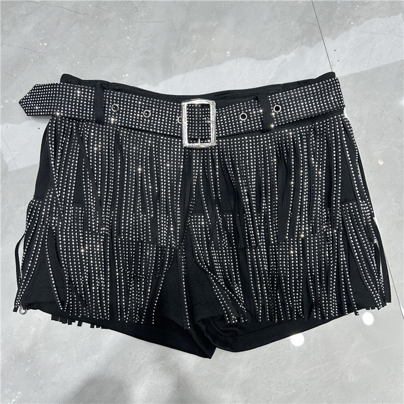 Shorts con Pedrería y Flecos Ligeramente Elástico para Verano