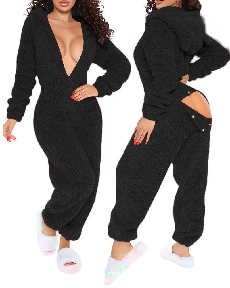 Kuscheliger Fleece Jumpsuit Für Damen Langarm Einteiler Romper_voghion.com