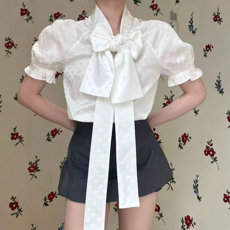 [Ready Stock and Shipped in Seconds] Nanyou Quality 25Ss Polka Dot Silks and Satins Bow Tie Top Thin Section