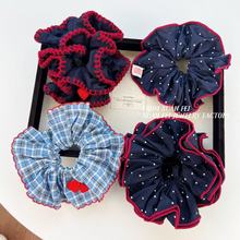 【实拍】东大门复古藏蓝红撞色波点大肠发圈高级感扎马尾发圈发饰