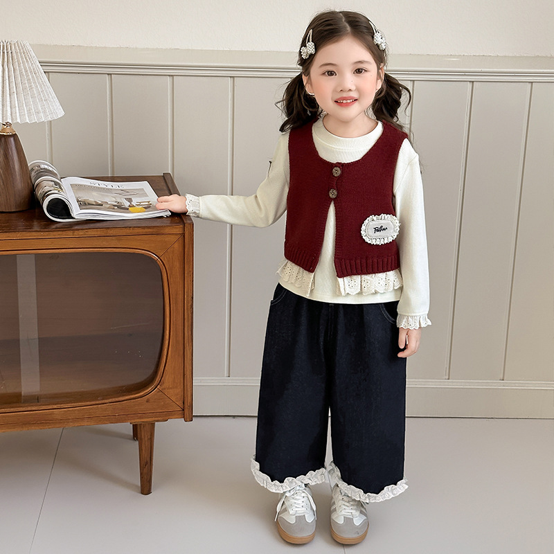 Dreiteiliges Strickwesten-Set für Mädchen, Herbst 2025, neue koreanische Kindermode, Strickweste und weite Hose_voghion.com