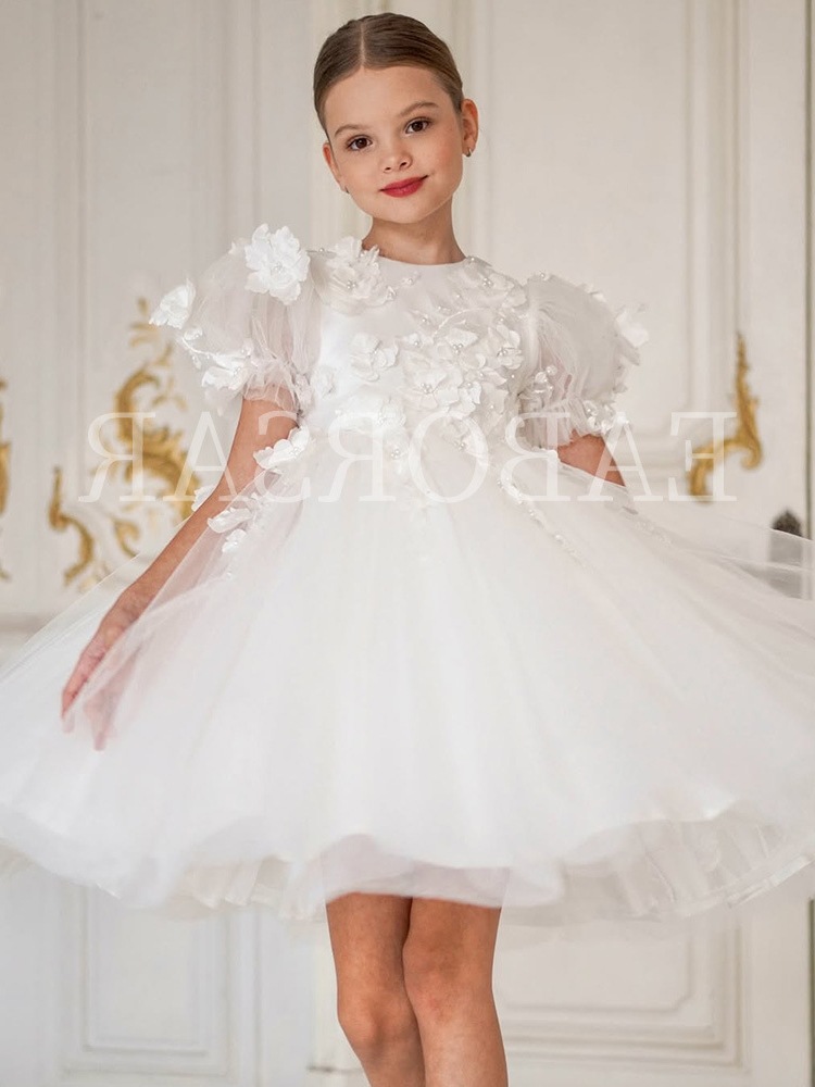 Abito da principessa bianco con maniche a sbuffo, in rete floreale, per bambini in età prescolare, abbigliamento formale, costume da spettacolo_voghion.com
