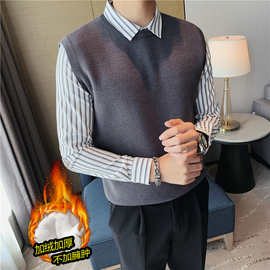 一件代发男士新款休闲白搭韩版假两件针织衫 衬衫领秋冬季毛衣男
