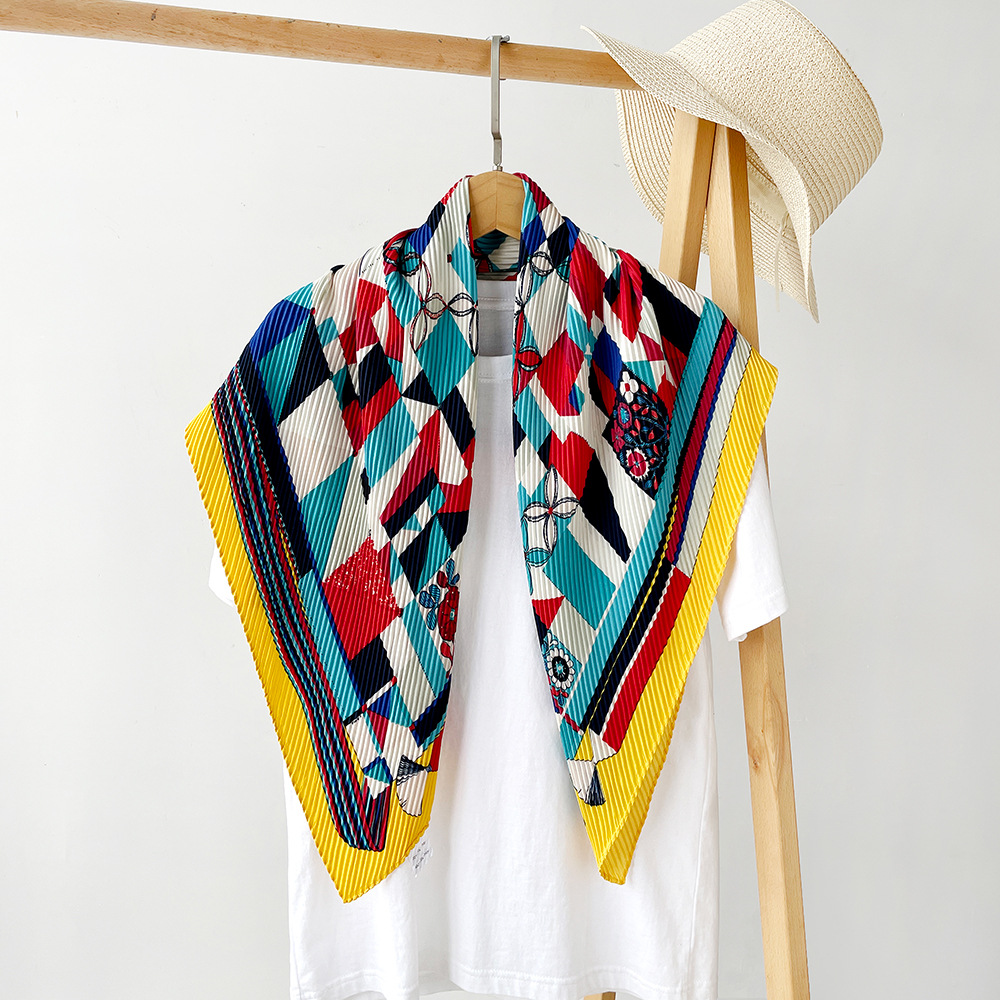 Bufanda de seda de sarga Retro para mujer, bufanda plisada de comercio exterior, bufanda estampada colorida, chal decorativo profesional de moda al por mayor
