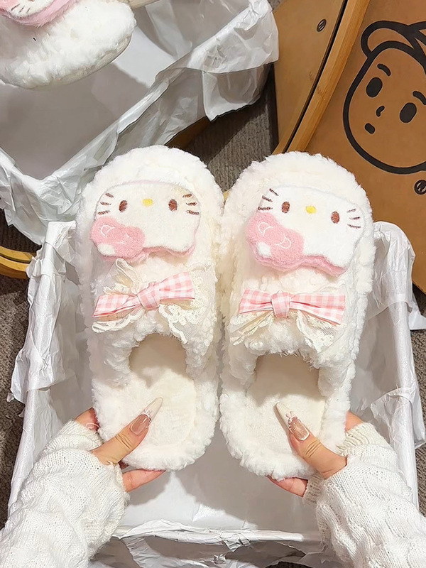 多巴胺小猫蝴蝶结毛毛拖鞋女2025秋冬新款少女心软底休闲包头拖鞋|undefined