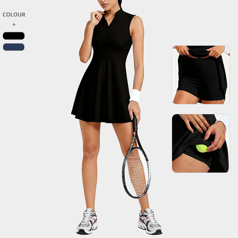 Amazon V-Neck Tennis Sportswear Set with Shorts for Women, High-Waisted A-Line Solid Color Golf Dress 1299