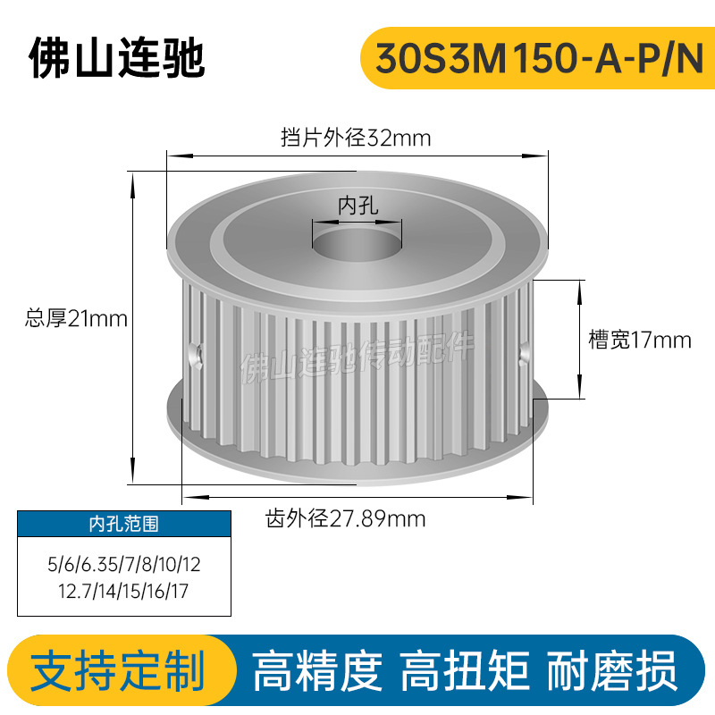 S3M30齿 两面平同步轮 槽宽17 AF型 同步皮带轮齿轮铝30S3M150