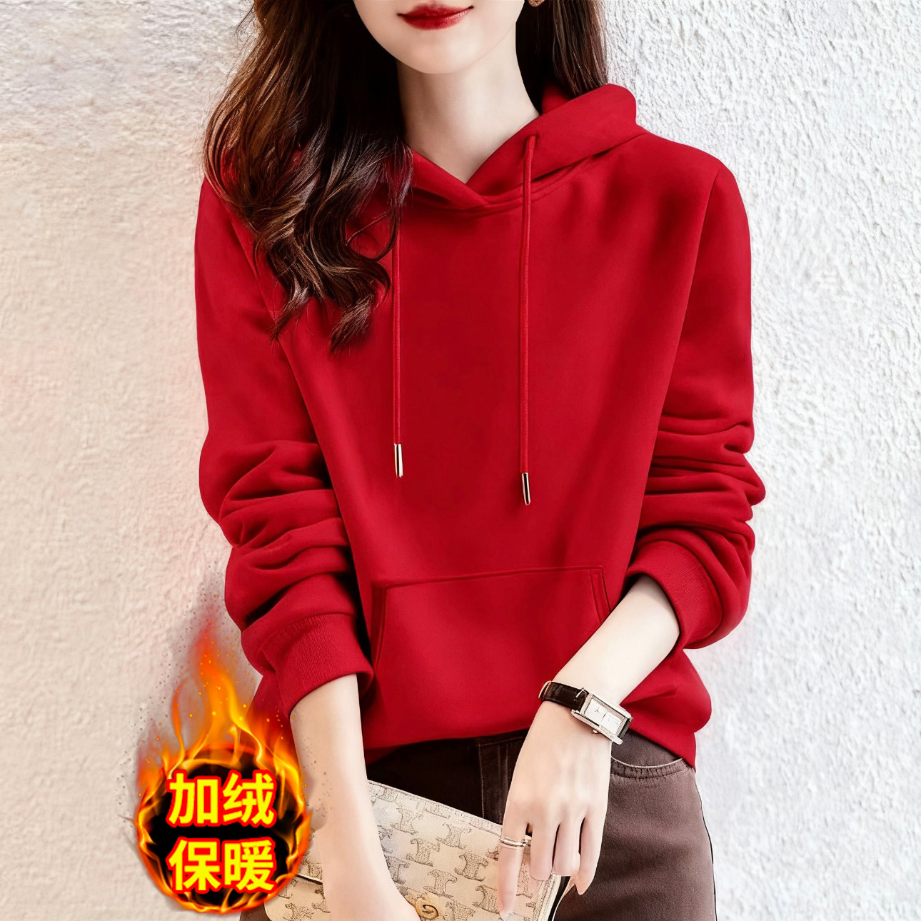 Red Spring, Autumn and Winter Velvet Thickeneded New Year's Hooded Sweatshirt for Women, Loose Long-Sleeved Warm Right Shoulder Pure Color Top Trendy