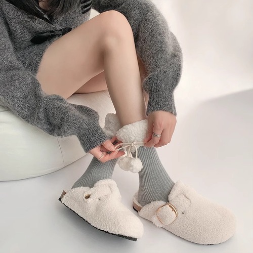 Autumn and winter soft and waxy lamb velvet lace fur ball socks Lolita girl mid-calf bow socks warm pile socks