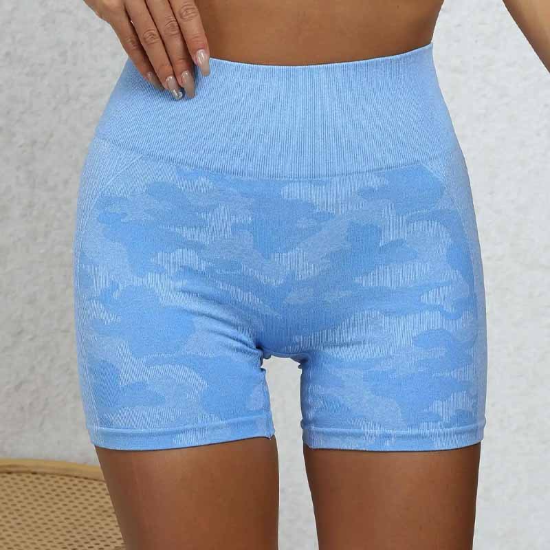 2025 nuevos pantalones cortos de yoga de camuflaje de Amazon europeos y estadounidenses sin costuras, pantalones de gimnasio de alta cadera de gran tamaño
