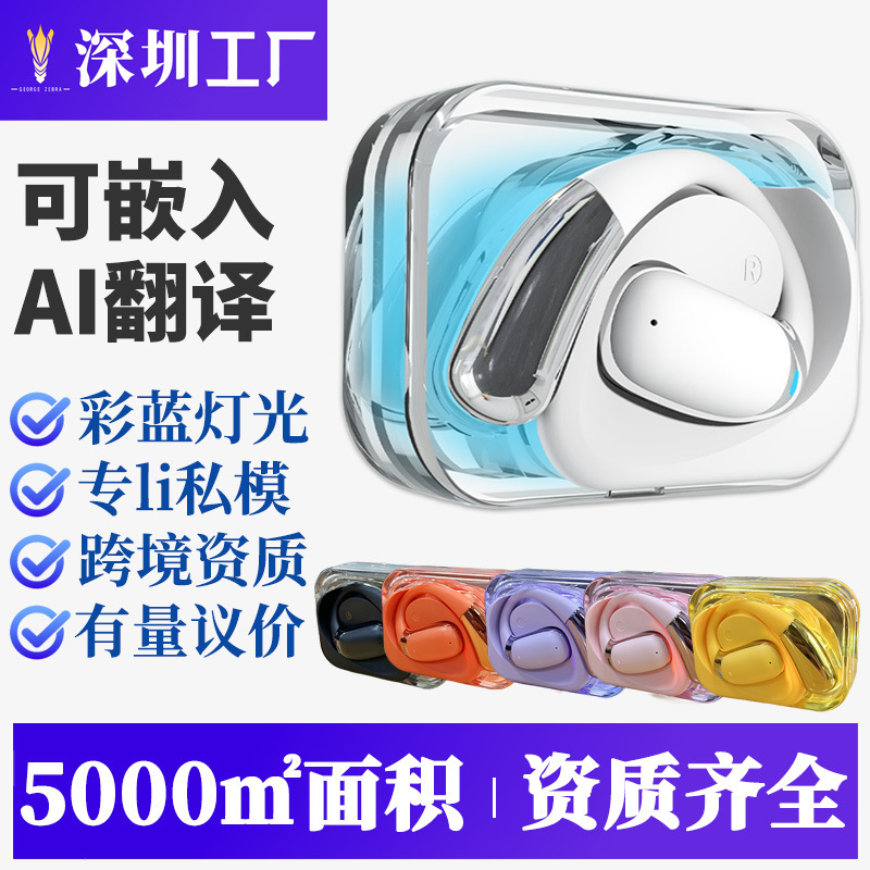 Private Model Ear-Hook Cross-Border Ai Translation Bluetooth Earphones with Transparent Shell, Custom Bluetooth Earphones, 2026 New Model, Non-In-Ear