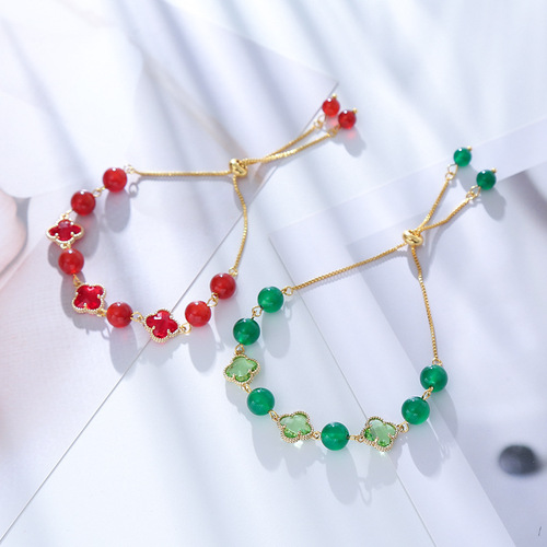 New style lucky four-leaf clover green agate versatile fashion bracelet jewelry temperament minority 