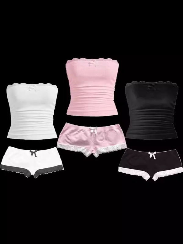 Women's Lace Trim Strapless Ribbed Ruched Tube Top Y2K Summer Outing Crop Top