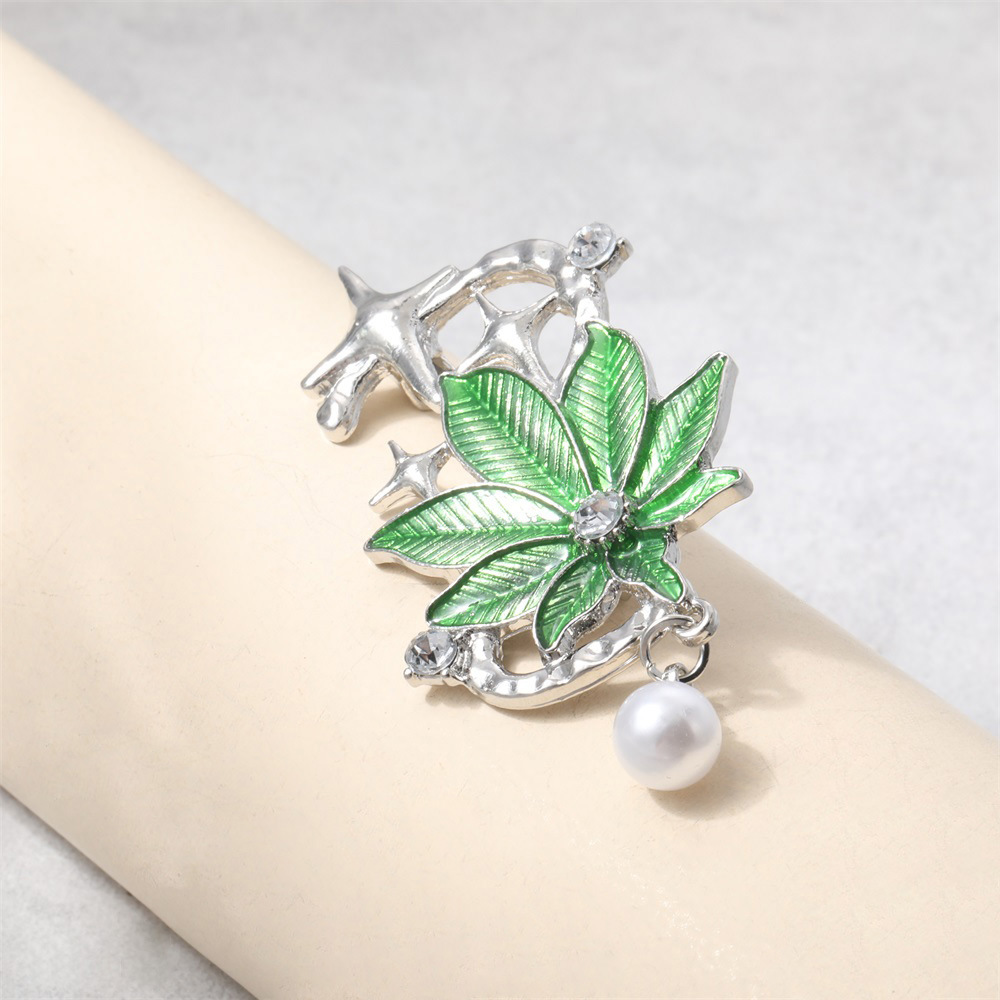 Damen Brosche Mit Perlen Und Grünem Blatt-stern Motiv_voghion.com