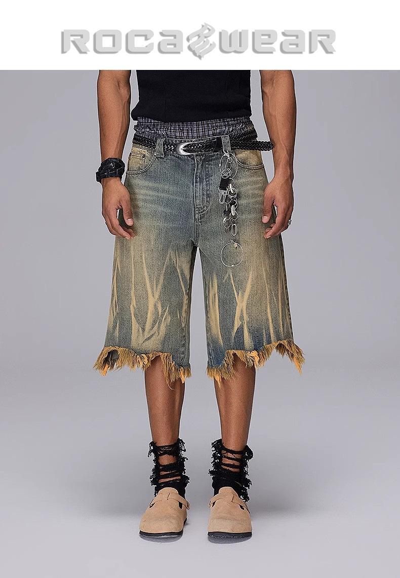 Men's Washed Denim Shorts Trendy Brand Loose Fit Cropped Style Distressed Finish Yellow Mud Dye Summer Casual Clothing_mkmklike.com