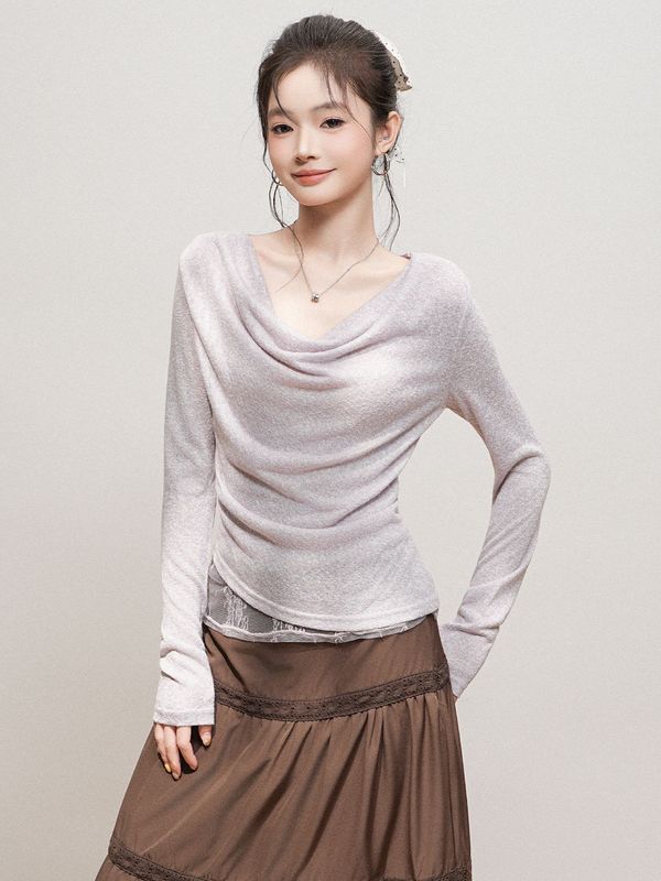季优 紫色一字露肩蕾丝网纱拼接长袖t恤女2025早秋荡领高级感上衣|undefined