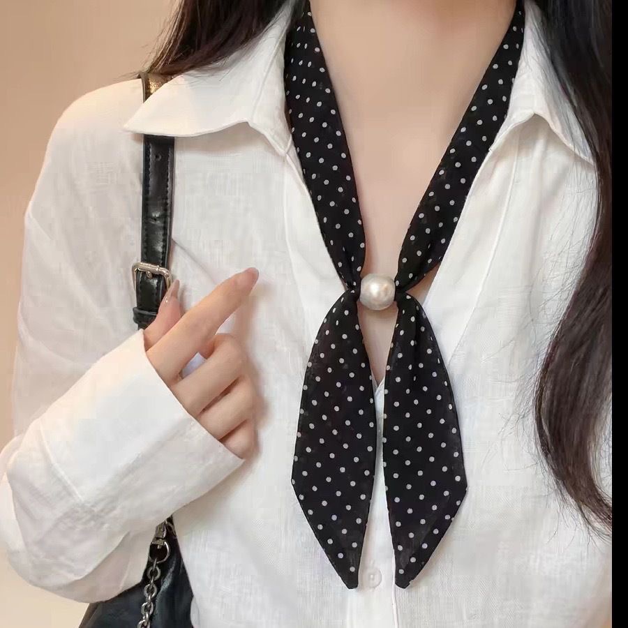 14# classic black and white polka dot scarf with pearl button closure, 4*120cm