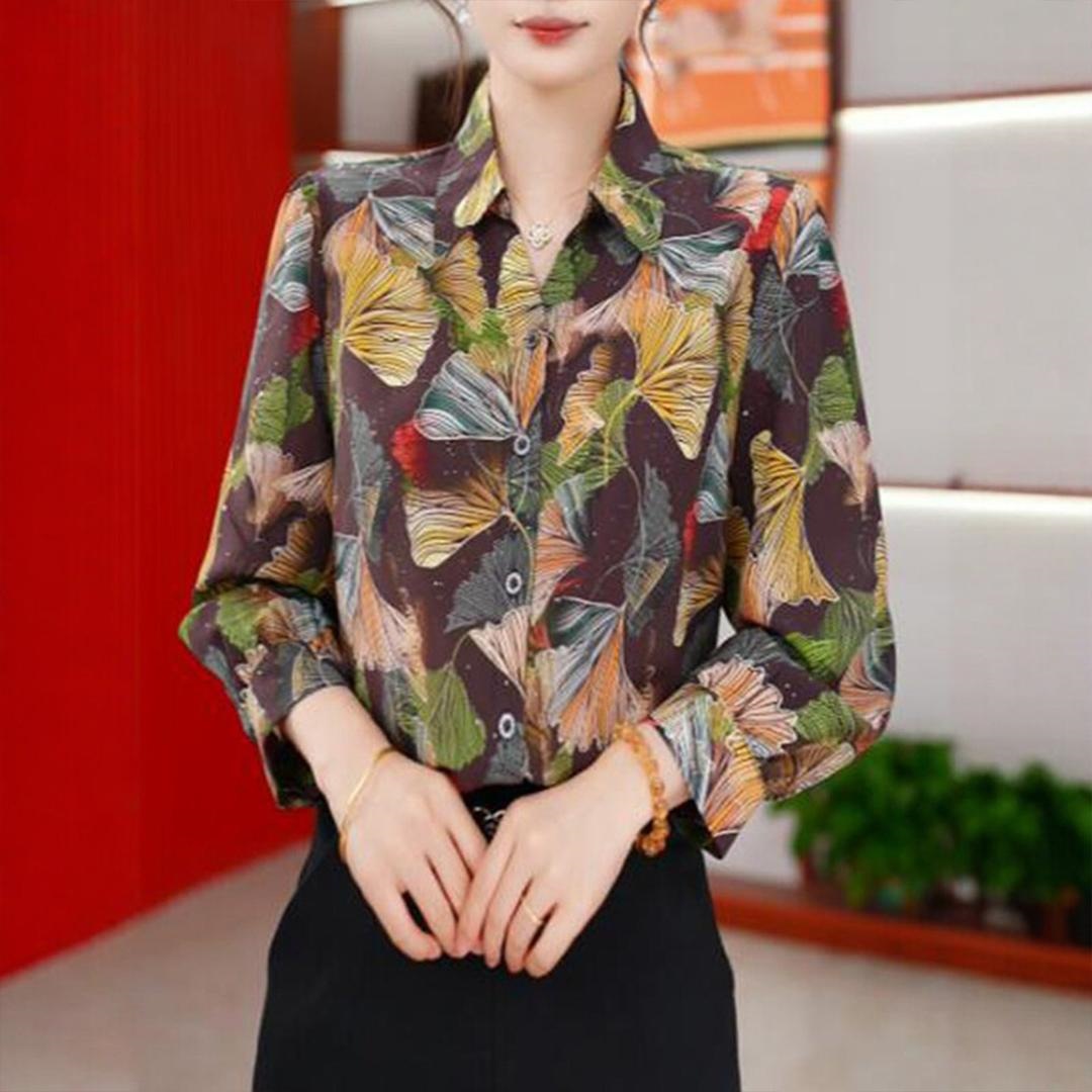 法式气质翻领小衫女秋季新款时尚彩色树叶印花I宽松显瘦长袖衬衫