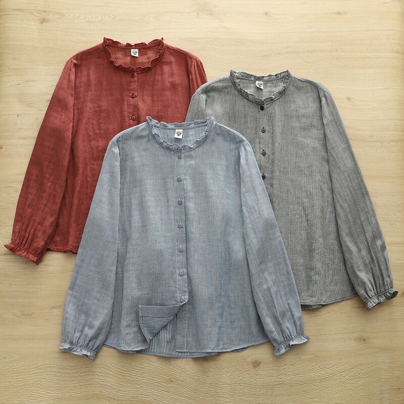 Japanese-style Mori girl houndstooth patterned cotton yarn shirt for women, with ruffled stand-up collar and long sleeves Japanese-style Mori girl houndstooth patterned cotton yarn shirt for women, with ruffled stand-up collar and long sleeves
