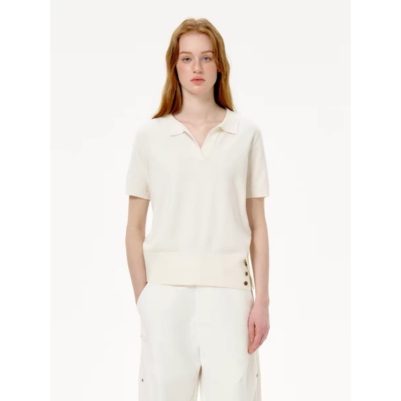 2026 Retro White Polo Collar Slit Knit Top for Women, Summer Casual Versatile Slim-Fit Short-Sleeve Shirt for Commuting 2026 Retro White Polo Collar Slit Knit Top for Women, Summer Casual Versatile Slim-Fit Short-Sleeve Shirt for Commuting