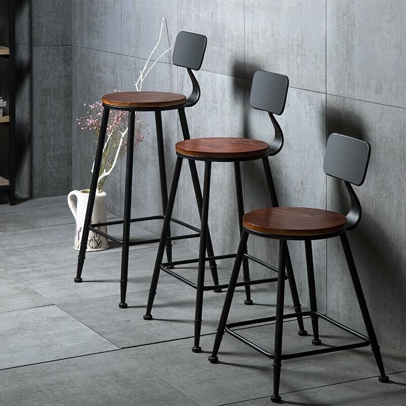 American-Style Bar Stool, Modern and Simple, High-Legged Chair with Backrest, Solid Wood, Retro High-Legged Iron Bar Stool, Bar Chair