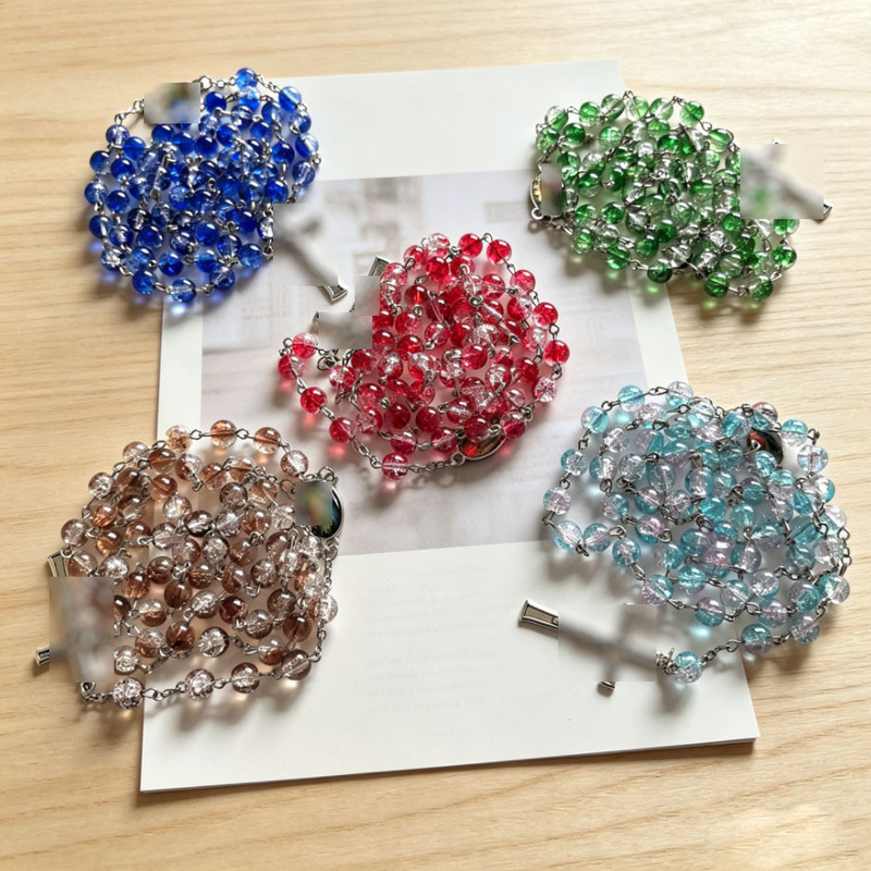 Factory supply, AliExpress bestseller: 8mm glass floral bead cross pendant, long rosary necklace