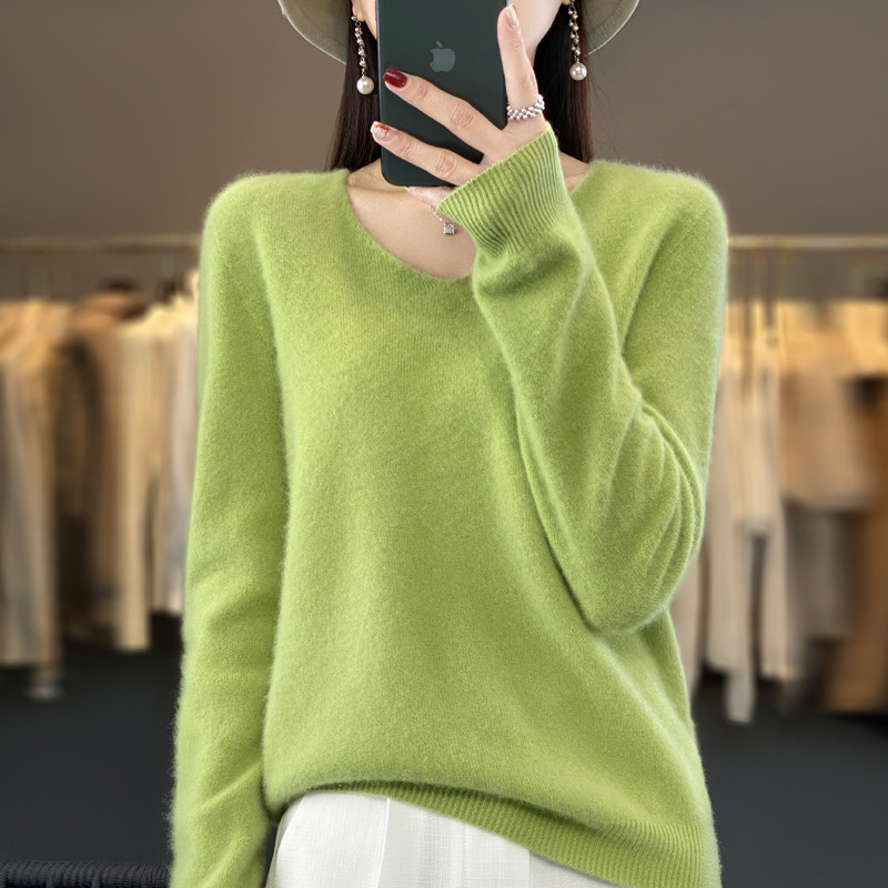 퍼스트 라인 의류 퓨어 울 스웨터 2024 가을과 겨울 여성의 V-NECK 루즈 짧은 솔리드 컬러 캐시미어베이스 스웨터 니트 스웨터