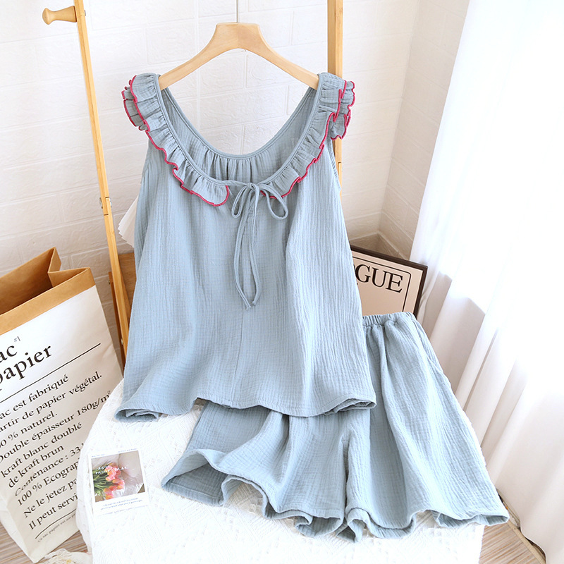 Summer New Style Home Wear Pure Cotton Gauze Ins Ruffled Strap Shorts Set Soft Breathable Girl's Pajamas
