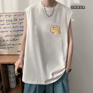 夏季新款趣味猫咪仿刺绣印花无袖t恤ins男女学生百搭坎肩宽松背心