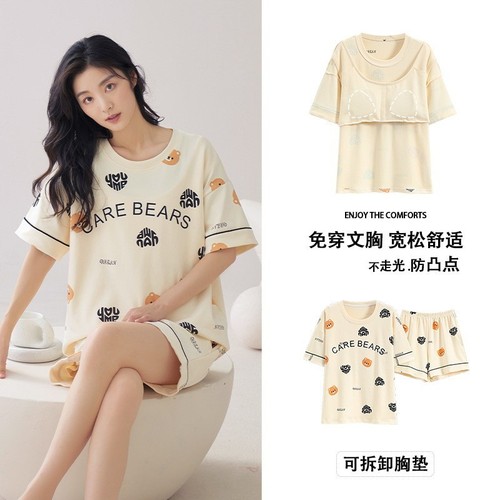 Summer short-sleeved pajamas with breast pads, women's two-piece pajamas, round neck pullover, printed home clothes, can be worn outside and shipped on behalf of others