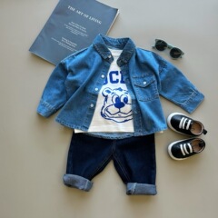 Children's denim shirt spring and autumn new baby thin pocket turnover collar clothing spring base shirt small coat top