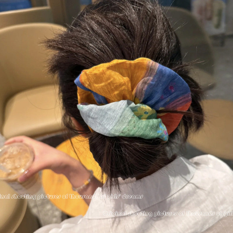 波西米亚风文艺复古原创不规则拼接苎麻手工大肠发圈绿蓝黄色发圈|undefined
