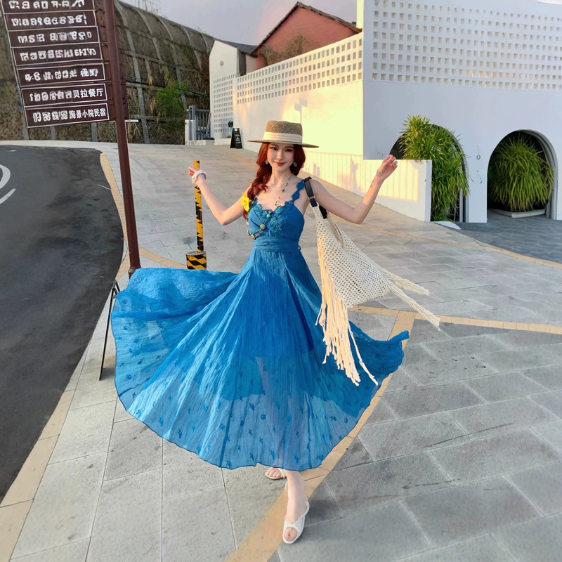 Cobalt Night Patrol: Elegant and Complexion-Enhancing Floral Embroidery Design Seaside Vacation Style Spaghetti Strap Dress