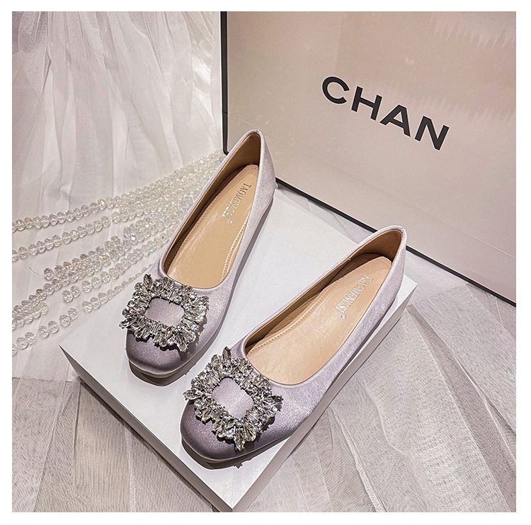 Giày búp bê nữ mũi vuông đế bằng đính đá, kiểu dáng thanh lịch — Màu Sâm Panh (Vàng), Màu xám nhạt, Màu đen chi tiết 36