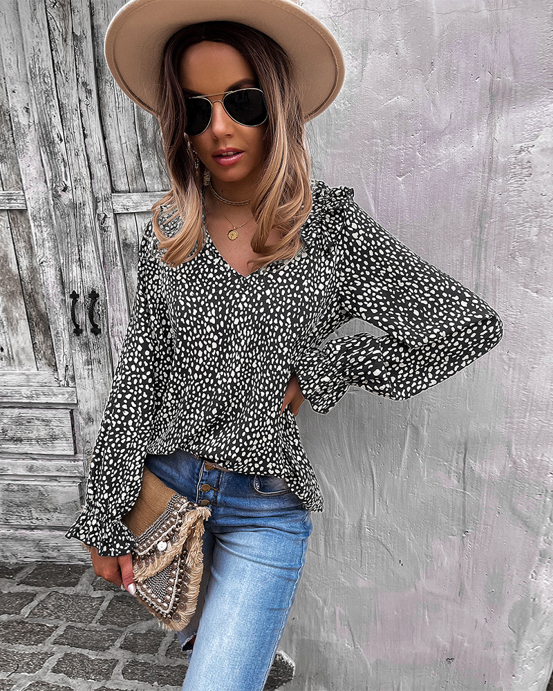 autumn long-sleeved V-neck print top nihaostyles wholesale clothing NSKA92213