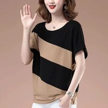 棉短袖T恤200斤大码女装夏季拼接遮肚韩版显瘦胖妈妈蝙蝠袖上衣