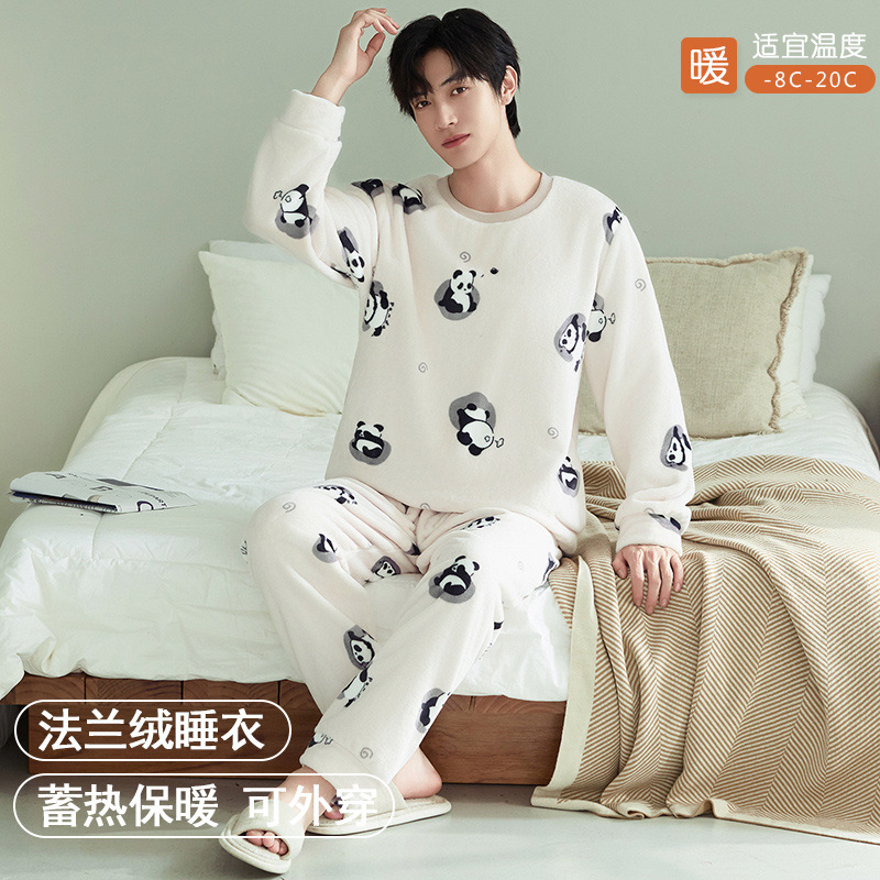 Winter Warm Flannel Pajamas for Men Cartoon Men's Velvet Thickeneded High-End Coral Velvet Home Clothes Two-Piece Set