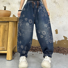 复古印花加绒牛仔裤女 松紧腰宽松百搭 2025冬新款抽绳显瘦灯笼裤