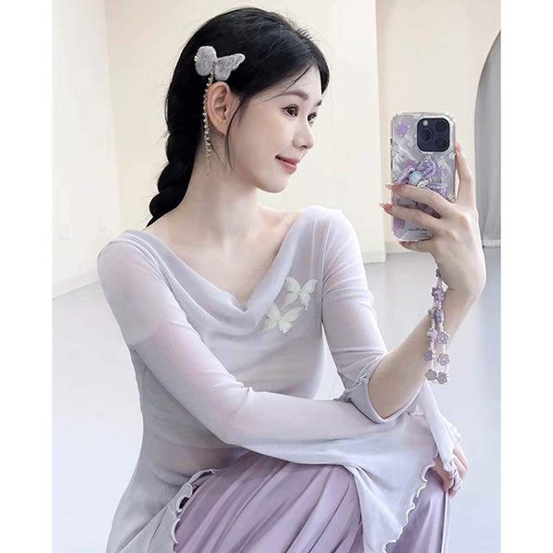 Butterfly Gauze Modern Dance Top Female Fairy Swing Collar Practice Clothes Classical Dance Clothing Rhyme Chinese Mesh Long Sleeves