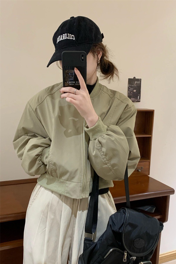 宽松显高短款帅气棒球服女秋季新款灯笼袖圆领休闲小个子外套韩版