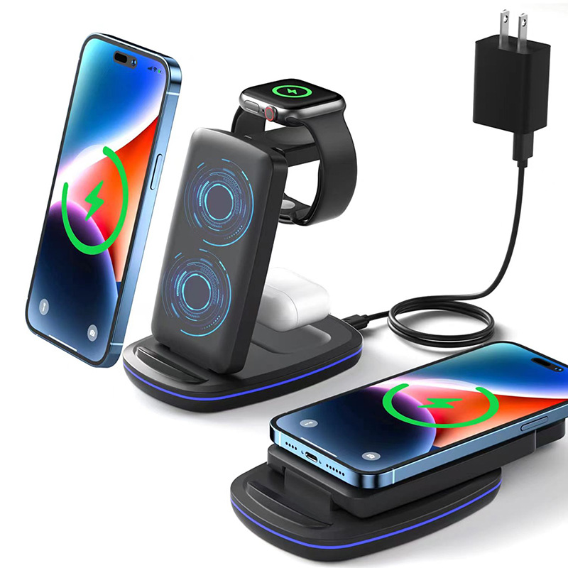 The new folding three-in-one wireless charger is suitable for Apple 14 mobile phone headset Watch stand 15W fast charging