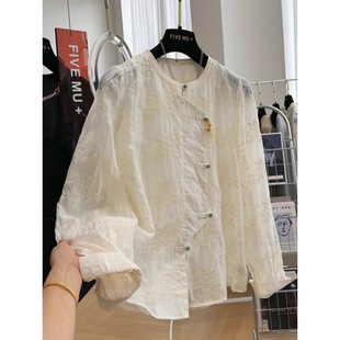New Chinoiserie National Style Heavy Embroider Round Neck Lace Shirt for Women Early Spring Thin Style Super Good-Looking Small Shirt Top