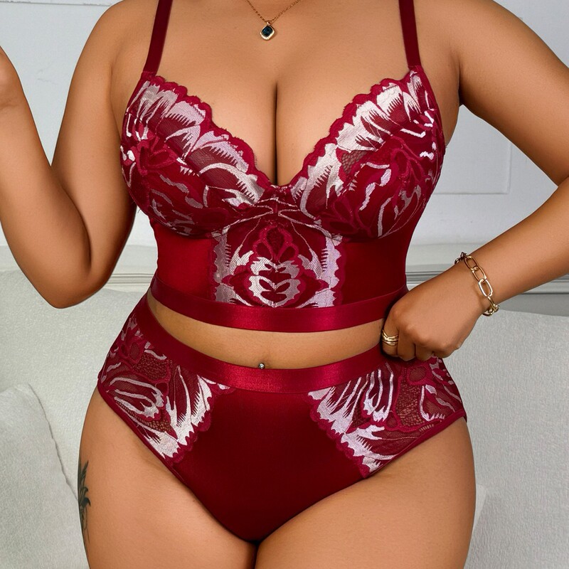Cross-Border Hot-Selling Pattern Embroidery Large Size Underwear Set Big Breast Push-Up Seamless Beautiful Back Bra and Panties for Women