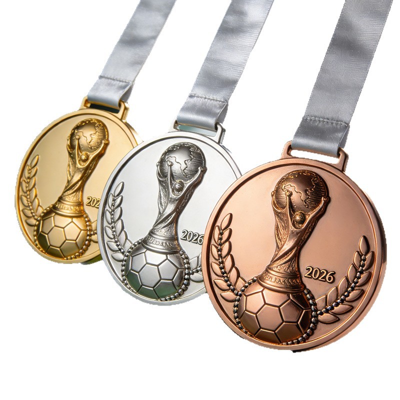 Medalla temática de la Copa del Mundo de 2026 Hercules Copa de fútbol medalla de metal de textura oro, plata y bronce tricolor premios personalizados
