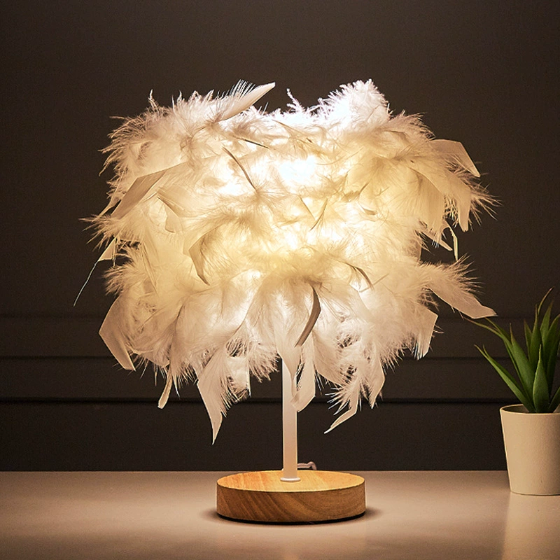 Table Lamp Feather Bedside Lantern, USB Rechargeable 1500 mAh, Touch Dimming, Wood Base